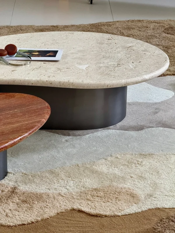 Curved Travertine Coffee Table on Dark Walnut Cylinder Base in oatmeal — detail