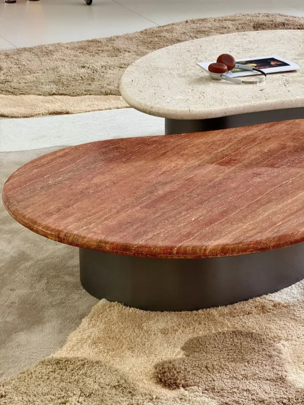 Curved Travertine Coffee Table on Dark Walnut Cylinder Base in oatmeal — detail