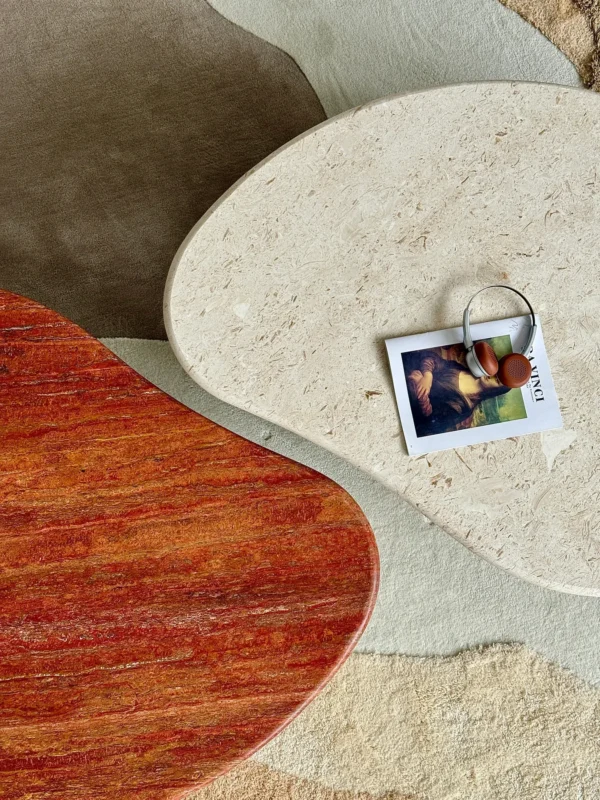 Curved Travertine Coffee Table on Dark Walnut Cylinder Base in oatmeal — detail