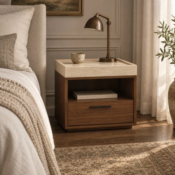 Walnut Veneer Nightstand with Stone Top and Open Shelf in walnut — in a room setting