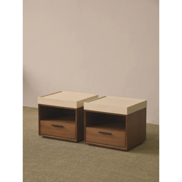 Walnut Veneer Nightstand with Stone Top and Open Shelf in walnut — in a room setting