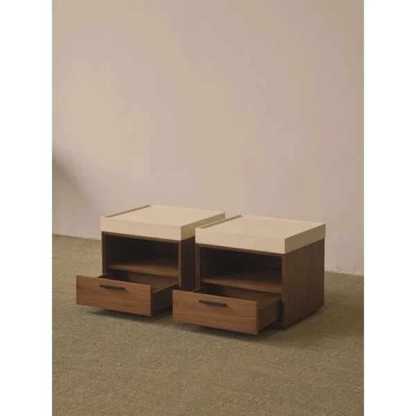 Walnut Veneer Nightstand with Stone Top and Open Shelf in walnut — in a room setting