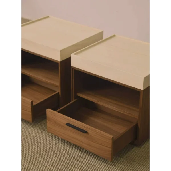 Walnut Veneer Nightstand with Stone Top and Open Shelf in walnut — in a room setting