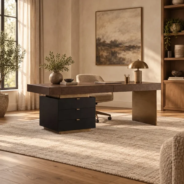 Walnut Veneer Desk with Integrated Three-Drawer Pedestal in walnut — in a room setting