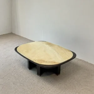 Persian White Onyx Coffee Table on Black Ash Arched Base in mustard — front view