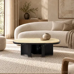 Persian White Onyx Coffee Table on Black Ash Arched Base in mustard — in a room setting