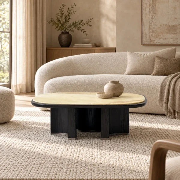 Persian White Onyx Coffee Table on Black Ash Arched Base in mustard — in a room setting