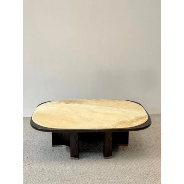 Persian White Onyx Coffee Table on Black Ash Arched Base in mustard — in a room setting