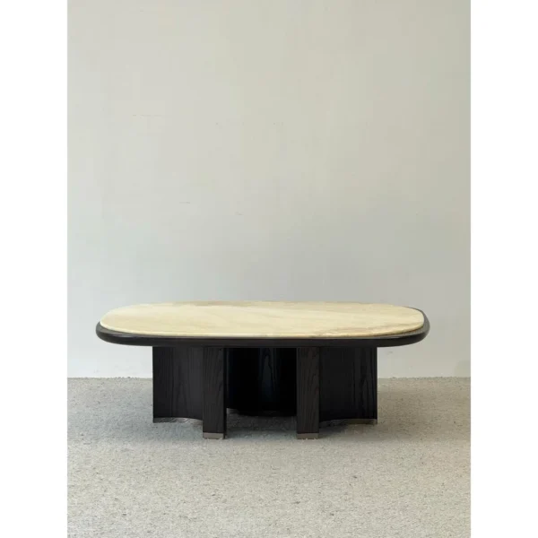 Persian White Onyx Coffee Table on Black Ash Arched Base in mustard — in a room setting