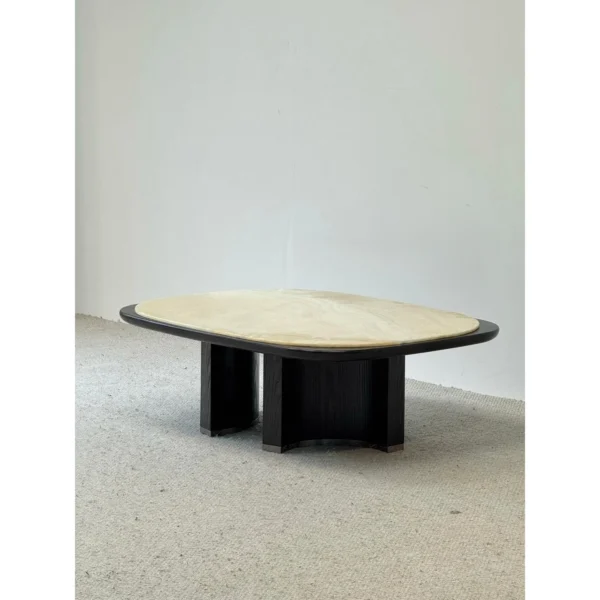 Persian White Onyx Coffee Table on Black Ash Arched Base in mustard — in a room setting