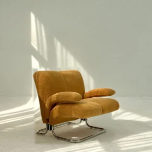 Warm Orange Bouclé Cantilever Lounge Chair on Chrome Frame in rust — front view