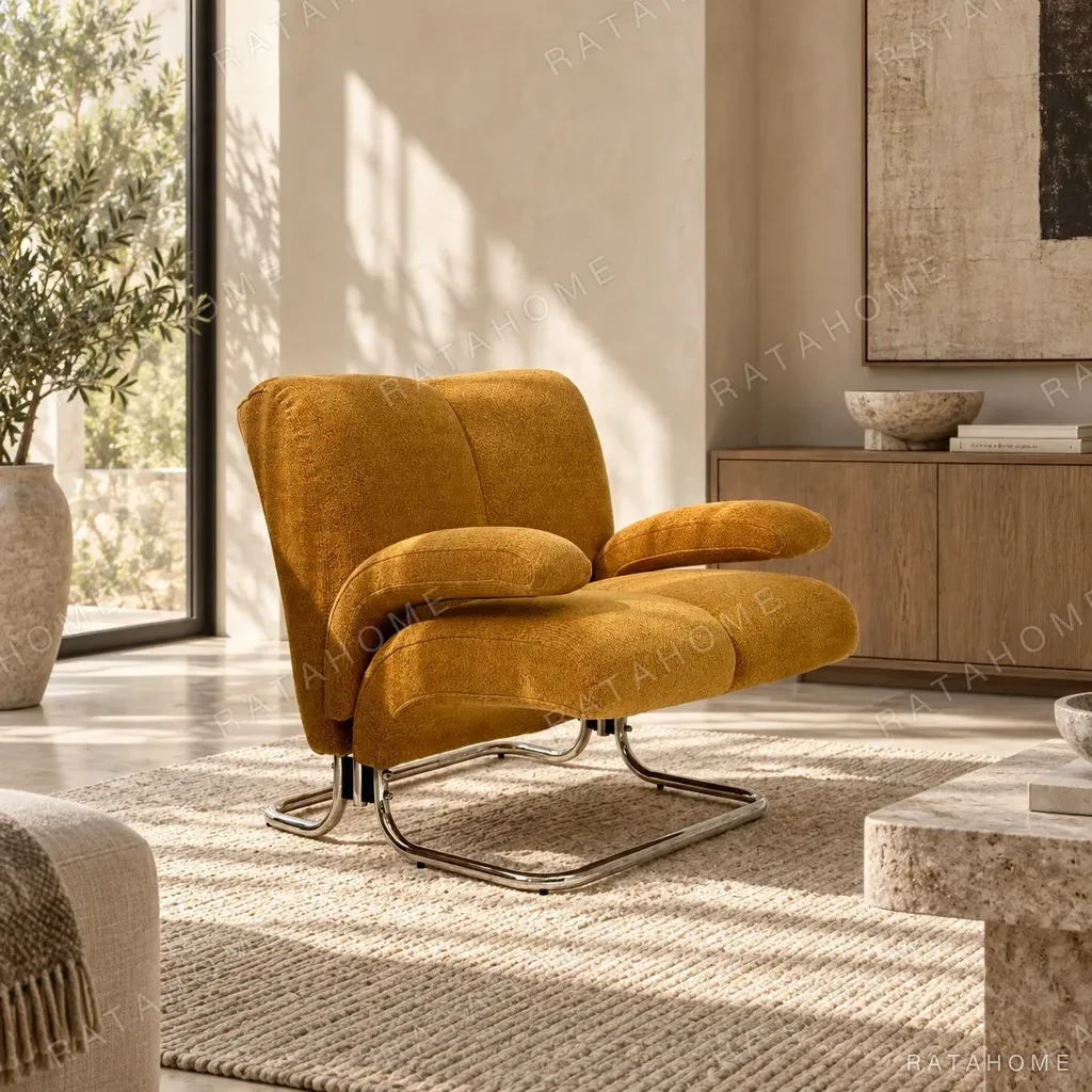 Warm Orange Bouclé Cantilever Lounge Chair on Chrome Frame in rust — in a room setting