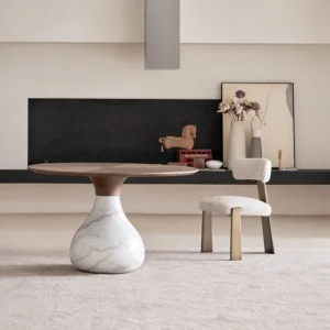 Water Drop Round Table with Wood Top and Marble Base in walnut — front view