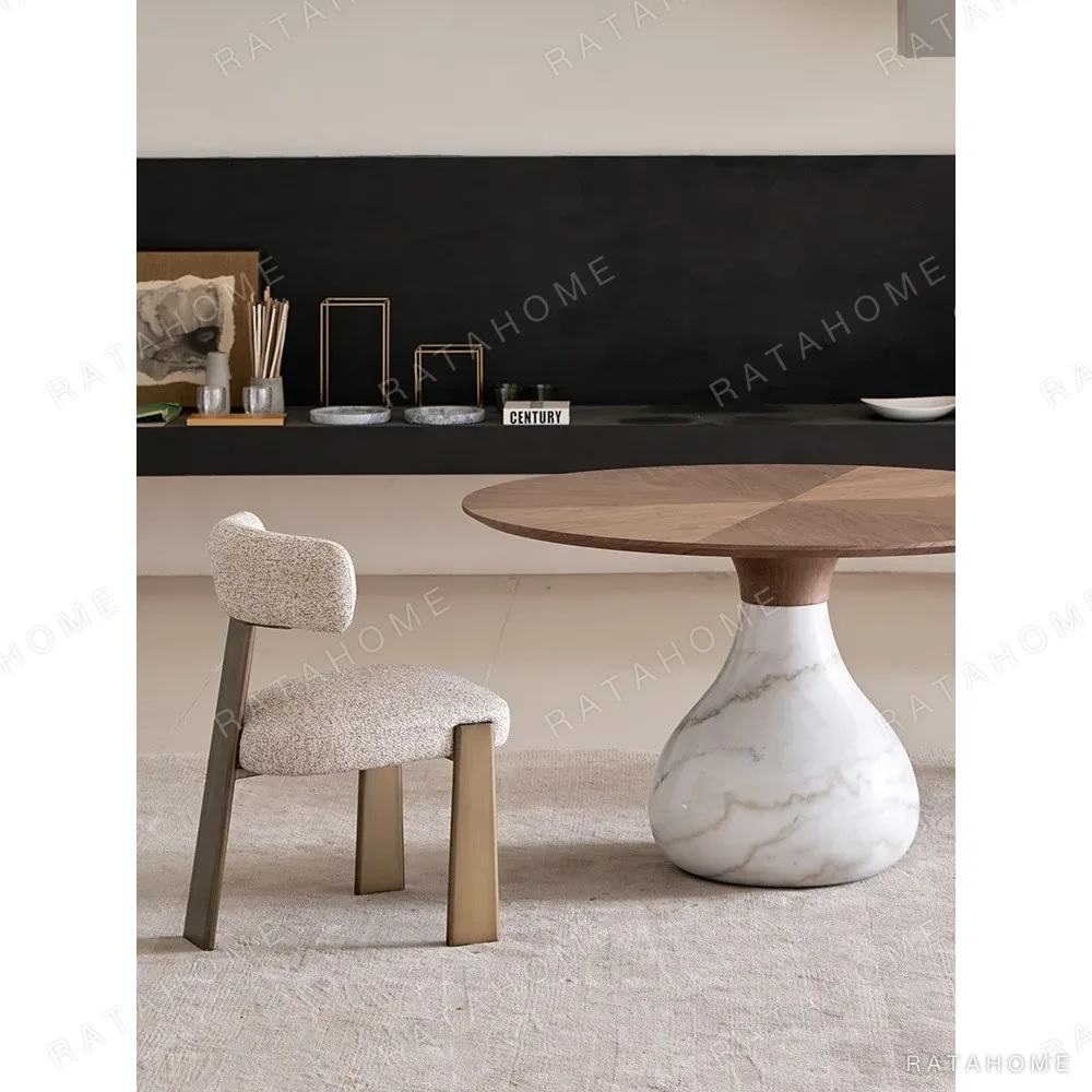 Water Drop Round Table with Wood Top and Marble Base in walnut — in a room setting