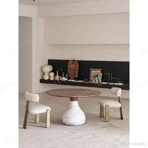 Water Drop Round Table with Wood Top and Marble Base in walnut — in a room setting