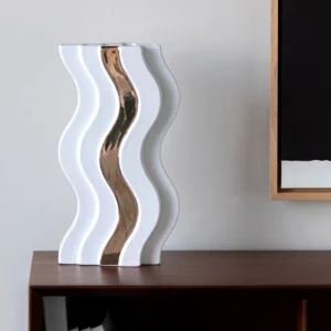 Wave-Form White Ceramic Vase with Gold Band in ivory — front view