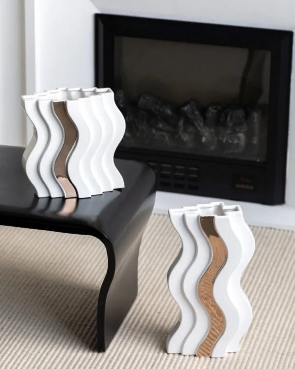 Wave-Form White Ceramic Vase with Gold Band in ivory — in a room setting