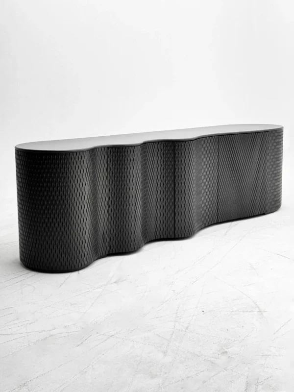 Wave-Form Sideboard in Textured Dark Grey Lacquer — in a room setting