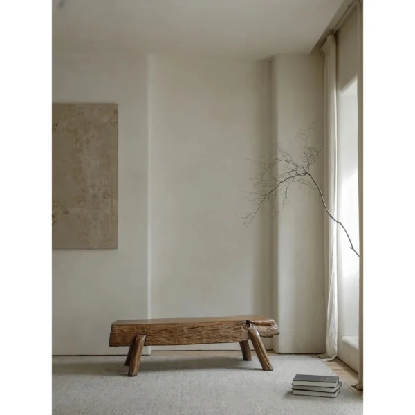 Weathered Reclaimed Wood Tree Trunk Bench in clay — in a room setting