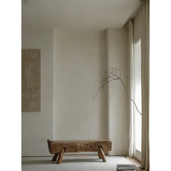 Weathered Reclaimed Wood Tree Trunk Bench in clay — in a room setting