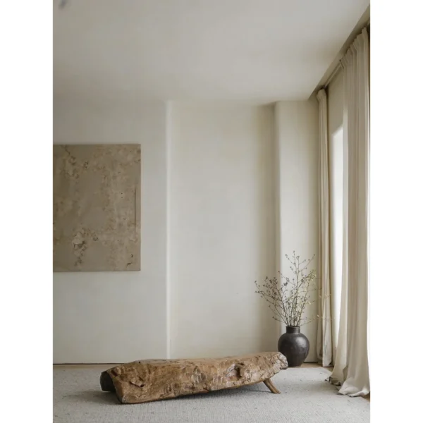 Weathered Reclaimed Wood Tree Trunk Bench in clay — in a room setting