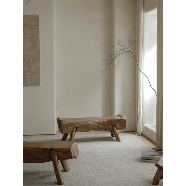 Weathered Reclaimed Wood Tree Trunk Bench in clay — in a room setting