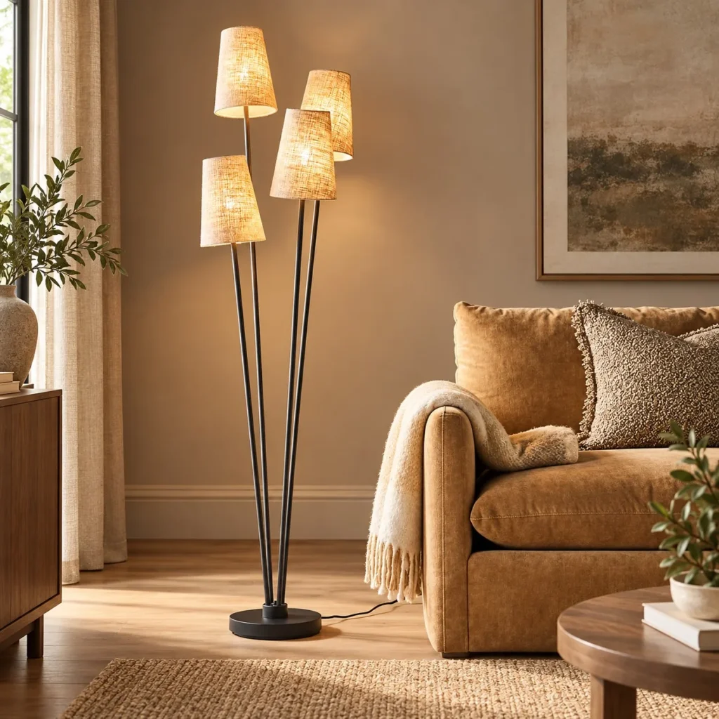 Wentworth Four-Head Branch Floor Lamp with Jute Shades in black — front view