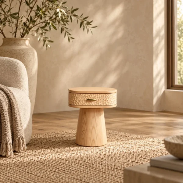 Wenyu Hammered-Front Round Nightstand in natural oak — in a room setting