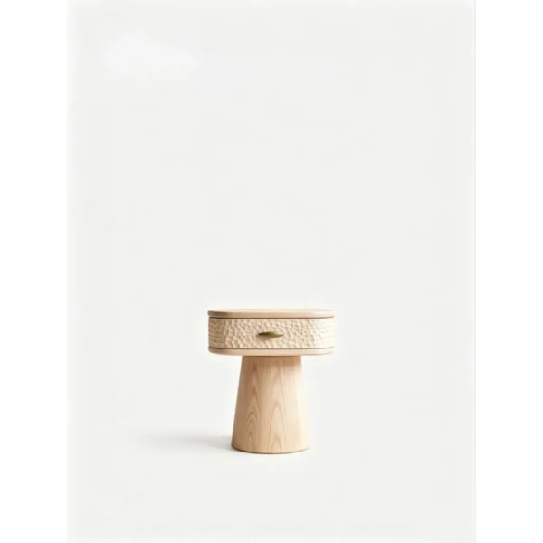 Wenyu Hammered-Front Round Nightstand in natural oak — in a room setting