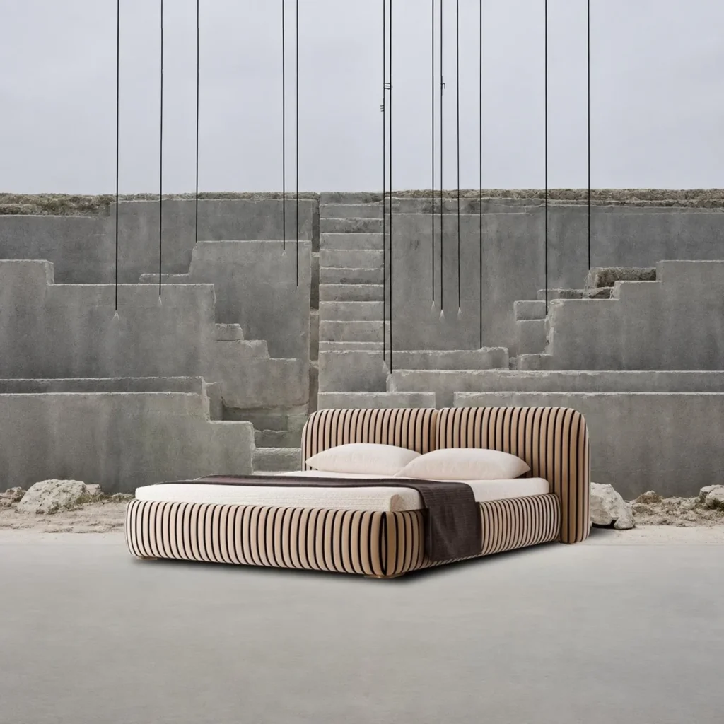 Whisper Striped Upholstered Bed in sand — front view