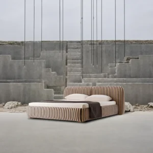 Whisper Striped Upholstered Bed in sand — front view