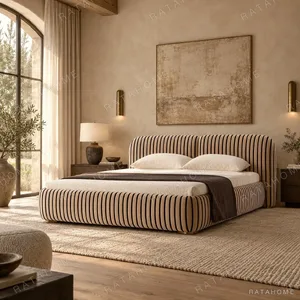 Whisper Striped Upholstered Bed in sand — in a room setting