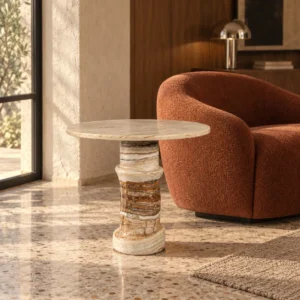 Cream Stone Round Side Table on Layered Onyx Column Base in oatmeal — front view