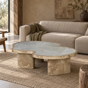 White Jade Marble Cloud Coffee Table on Burl Wood Base in ivory — front view