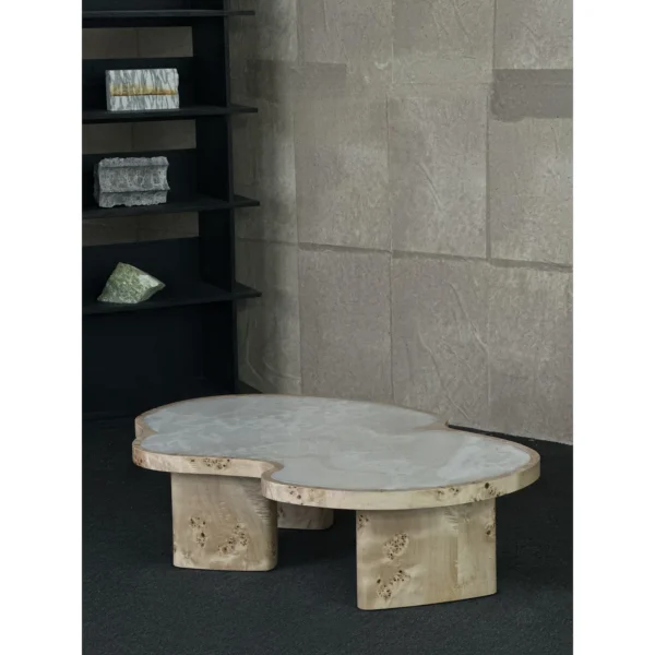 White Jade Marble Cloud Coffee Table on Burl Wood Base in ivory — in a room setting