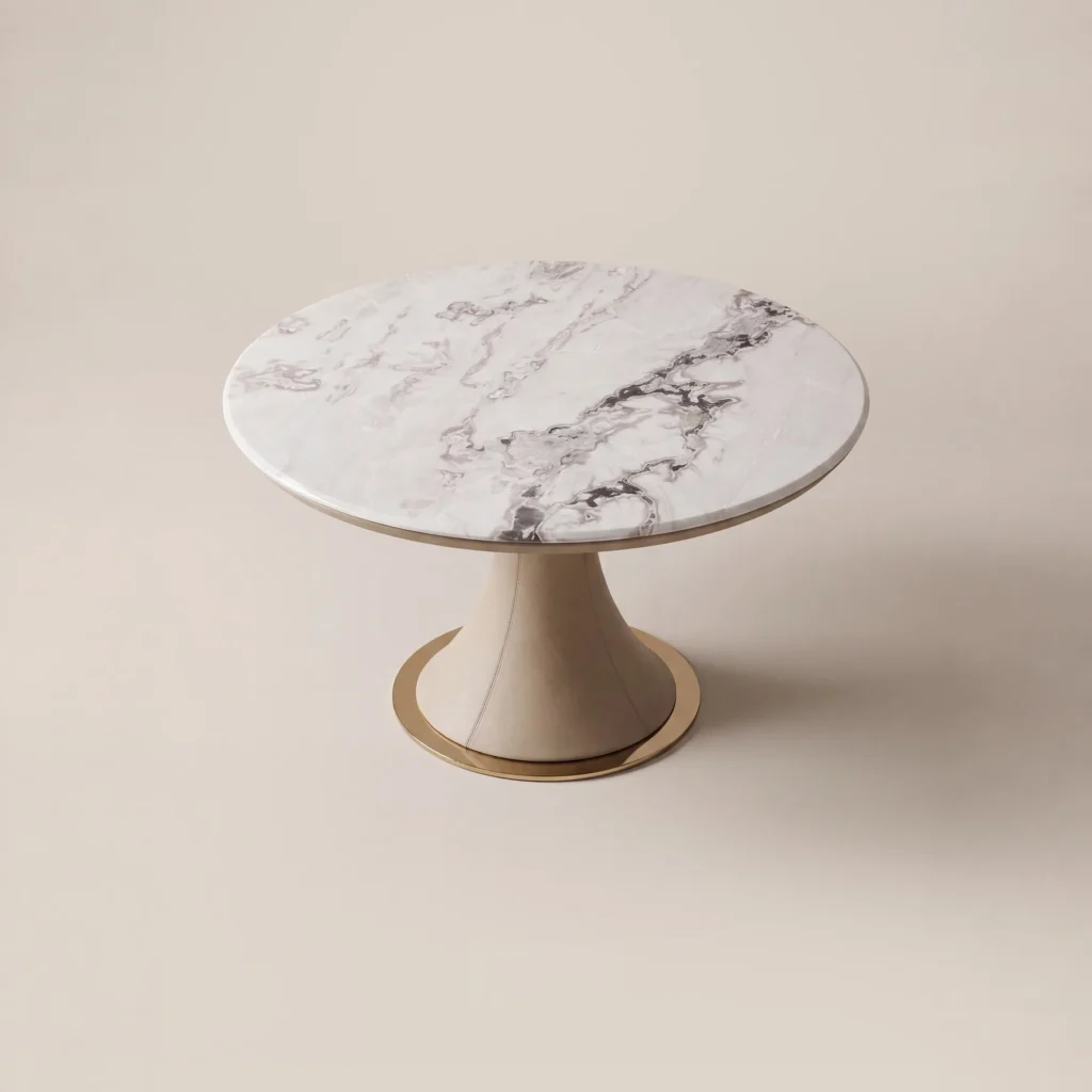 White Stone Round Table on Leather-Wrapped Trumpet Base in ivory — front view