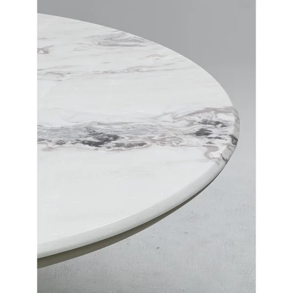White Stone Round Table on Leather-Wrapped Trumpet Base in ivory — in a room setting