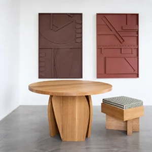 White Oak Round Leisure Table on Curved Panel Base in natural oak — front view