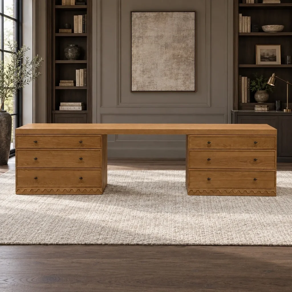 White Oak Mid-Century Executive Desk with Twin Pedestals in clay — front view