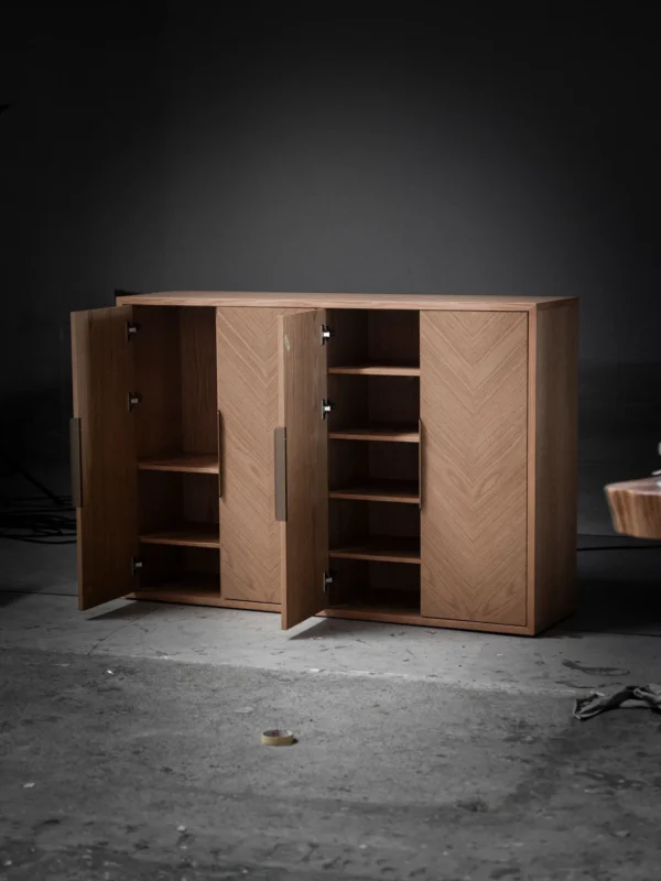 White Oak Herringbone Four-Door Sideboard in natural oak — in a room setting