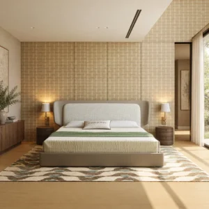 Wide Curved Headboard Bed with Leather Edge in oatmeal — front view