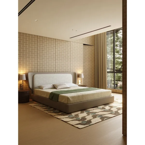 Wide Curved Headboard Bed with Leather Edge in oatmeal — in a room setting