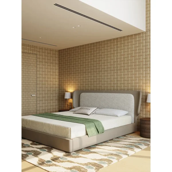 Wide Curved Headboard Bed with Leather Edge in oatmeal — in a room setting