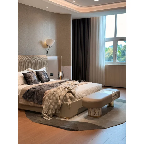 Catherine Wide-Screen Winged Bed in oatmeal — in a room setting