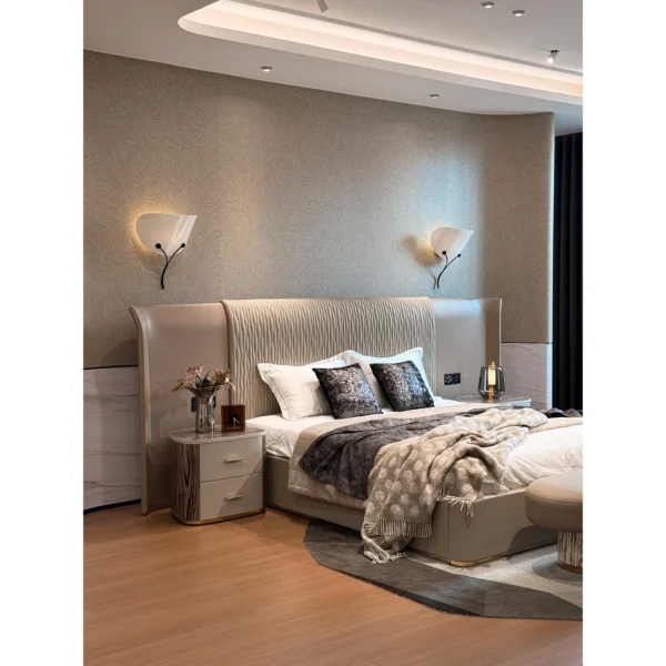 Catherine Wide-Screen Winged Bed in oatmeal — in a room setting