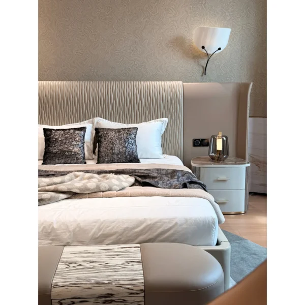 Catherine Wide-Screen Winged Bed in oatmeal — in a room setting