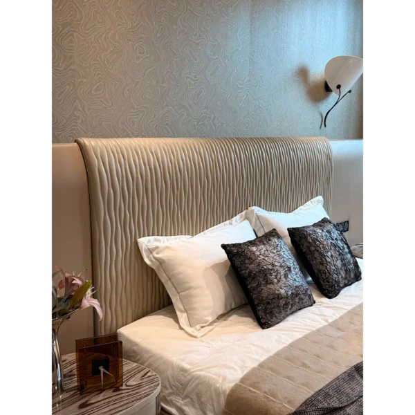 Catherine Wide-Screen Winged Bed in oatmeal — in a room setting