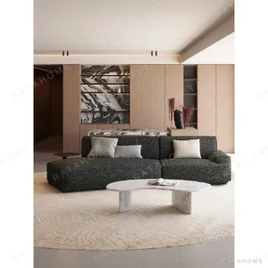 Wide-Hall Sofa in Charcoal Fabric with Low Curved Arms — in a room setting