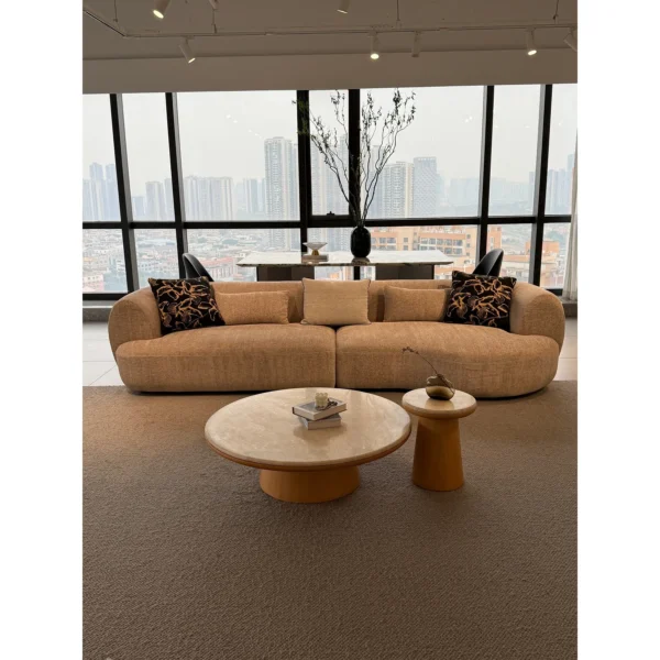 Cashew Curved Sofa in Oatmeal Chenille with Wide Rounded — in a room setting
