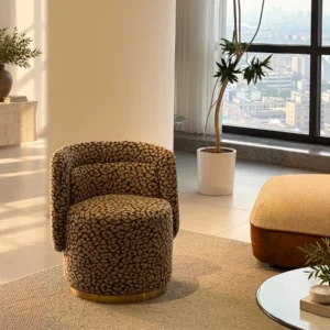 Wild Leopard Linen Barrel Lounge Chair on Brass Base in clay — front view